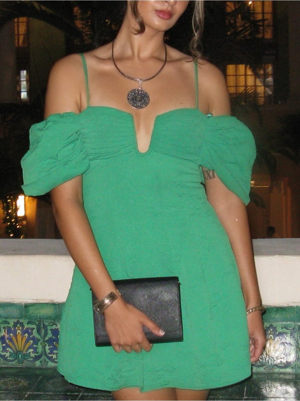 Green Puff-Sleeve Mini Dress